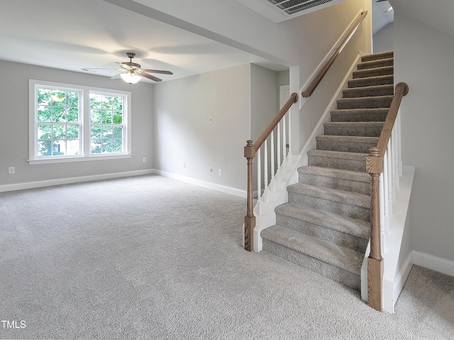 709 Pyracantha Dr, Holly Springs, NC 27540 - staircase featuring carpet flooring and a ceiling fan