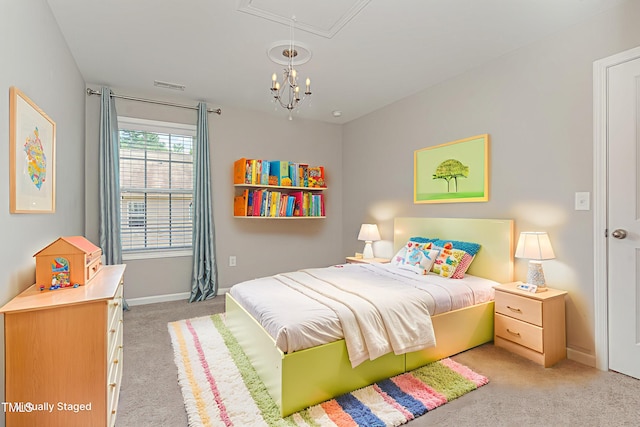 637 Stapleford Ln, Fuquay Varina, NC 27526 - bedroom featuring light colored carpet and a chandelier