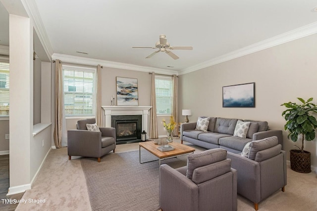637 Stapleford Ln, Fuquay Varina, NC 27526 - living area with a ceiling fan, healthy amount of natural light, crown molding, light carpet, and a fireplace with flush hearth
