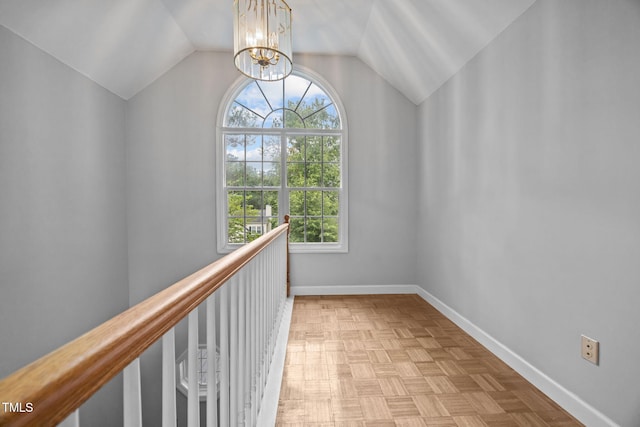 2763 Garland Ct, Creedmoor, NC 27522 - hallway with plenty of natural light, a chandelier, and vaulted ceiling