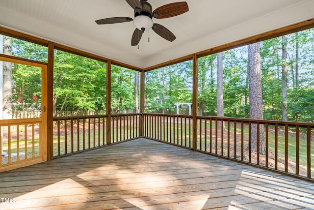 4324 Brighton Ridge Dr, Apex, NC 27539 - unfurnished sunroom featuring ceiling fan and view of wooded area