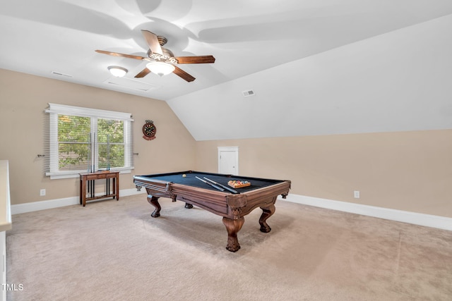 4324 Brighton Ridge Dr, Apex, NC 27539 - recreation room with pool table, vaulted ceiling, carpet flooring, and ceiling fan
