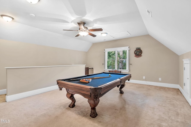 4324 Brighton Ridge Dr, Apex, NC 27539 - playroom featuring lofted ceiling, a ceiling fan, billiards table, and light colored carpet