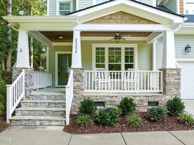 4324 Brighton Ridge Dr, Apex, NC 27539 - property entrance featuring a porch, ceiling fan, and a garage