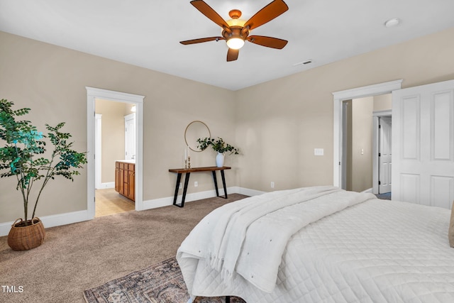 4324 Brighton Ridge Dr, Apex, NC 27539 - bedroom with light colored carpet, ceiling fan, and ensuite bath