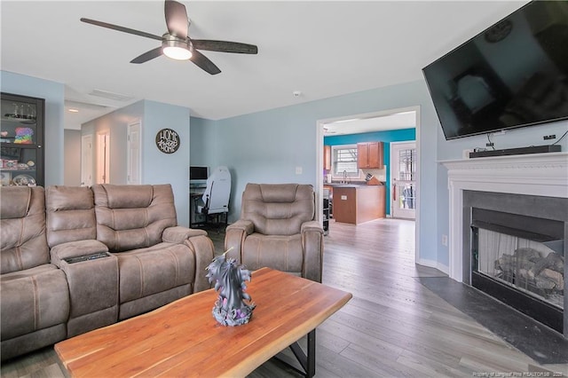 1214 Herring Gull Dr, Fayetteville, NC 28306 - living room featuring wood finished floors, a ceiling fan, and a fireplace