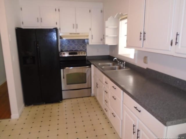 2631 Stonehaven Dr, Fayetteville, NC 28306 - kitchen with stainless steel electric range, black refrigerator with ice dispenser, under cabinet range hood, and white cabinets