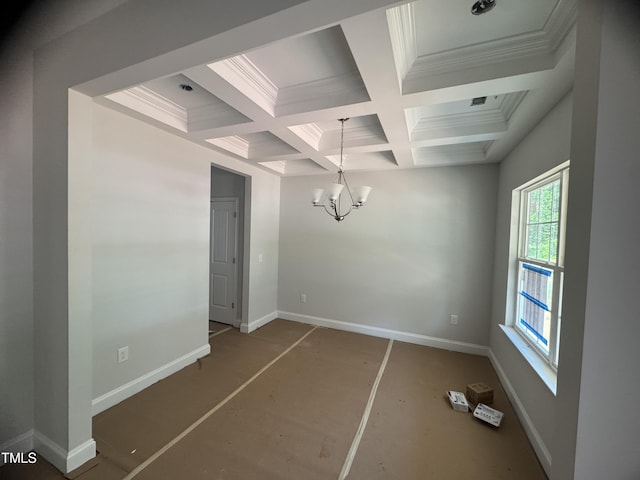 5486 Jaeger Dr Lot # 37, Graham, NC 27253 - unfurnished dining area featuring coffered ceiling, beam ceiling, a chandelier, and crown molding
