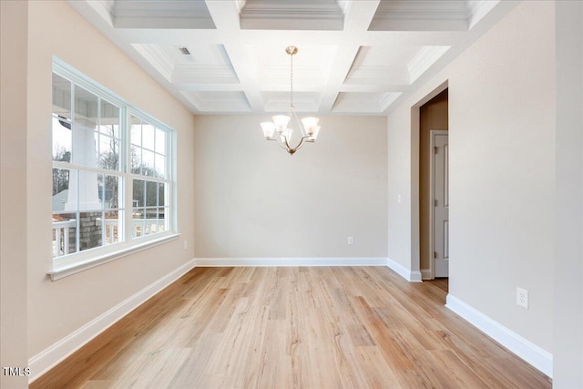 5486 Jaeger Dr Lot # 37, Graham, NC 27253 - spare room with a chandelier, light wood-style floors, coffered ceiling, and beam ceiling