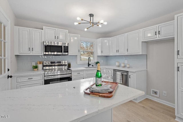 3408 Brentwood Rd, Raleigh, NC 27604 - kitchen featuring stainless steel appliances, a chandelier, white cabinets, backsplash, and light wood-style floors