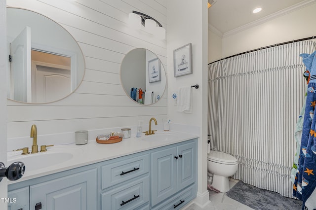 305 Maddux Dr, Pikeville, NC 27863 - bathroom with ornamental molding, double vanity, curtained shower, and marble finish flooring