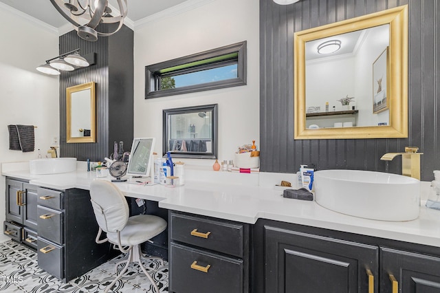 305 Maddux Dr, Pikeville, NC 27863 - bathroom featuring ornamental molding, vanity, and a chandelier