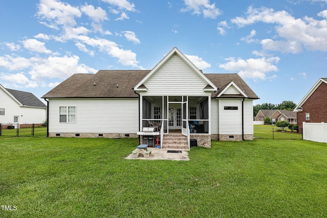 305 Maddux Dr, Pikeville, NC 27863 - rear view of property with crawl space, a sunroom, a patio, and roof with shingles