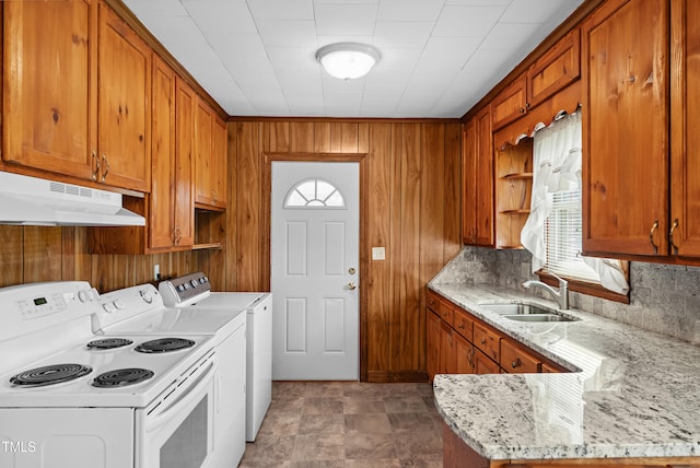7060 Dirgie Mine Rd, Roxboro, NC 27574 - kitchen with white electric range, open shelves, under cabinet range hood, brown cabinetry, and light stone counters
