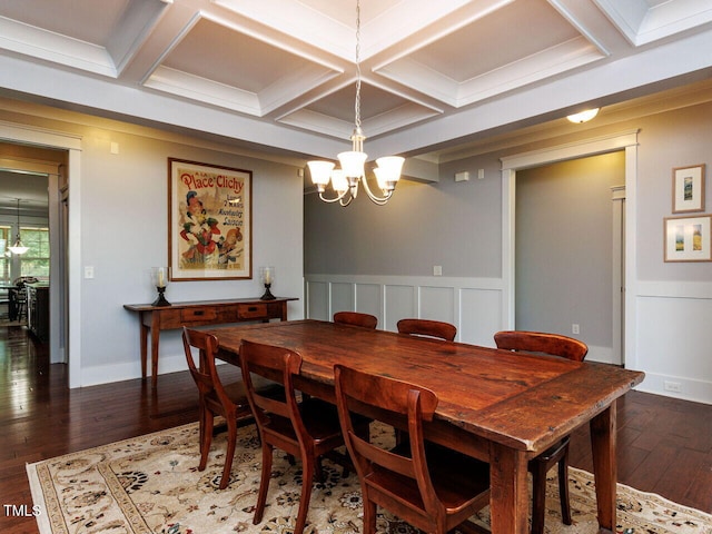 8712 Halsey Ln, Wake Forest, NC 27587 - dining room featuring coffered ceiling, hardwood / wood-style flooring, a chandelier, beam ceiling, and a wainscoted wall