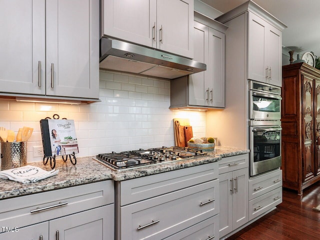 8712 Halsey Ln, Wake Forest, NC 27587 - kitchen featuring under cabinet range hood, stainless steel appliances, dark wood-type flooring, and light stone counters