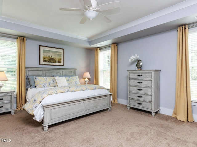 8712 Halsey Ln, Wake Forest, NC 27587 - bedroom with light colored carpet, ornamental molding, and ceiling fan
