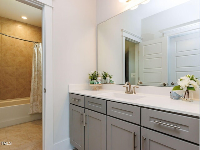 8712 Halsey Ln, Wake Forest, NC 27587 - bathroom with vanity, tile patterned floors, and shower / bathtub combination with curtain