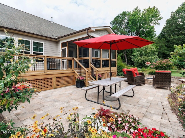 8712 Halsey Ln, Wake Forest, NC 27587 - view of patio featuring a sunroom, a wooden deck, outdoor lounge area, and stairs