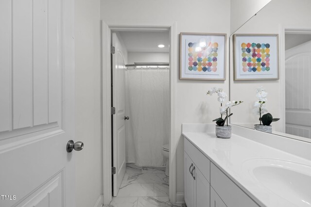 837 Stable Fern Dr, Fuquay Varina, NC 27526 - bathroom with marble look tiles, vanity, recessed lighting, and a shower with shower curtain