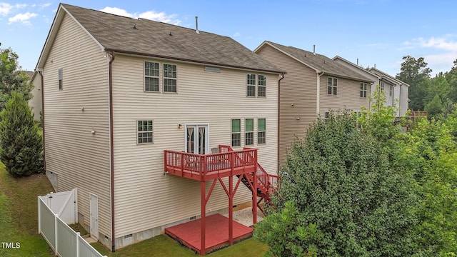 837 Stable Fern Dr, Fuquay Varina, NC 27526 - rear view of property featuring a wooden deck, crawl space, a fenced backyard, stairway, and a shingled roof
