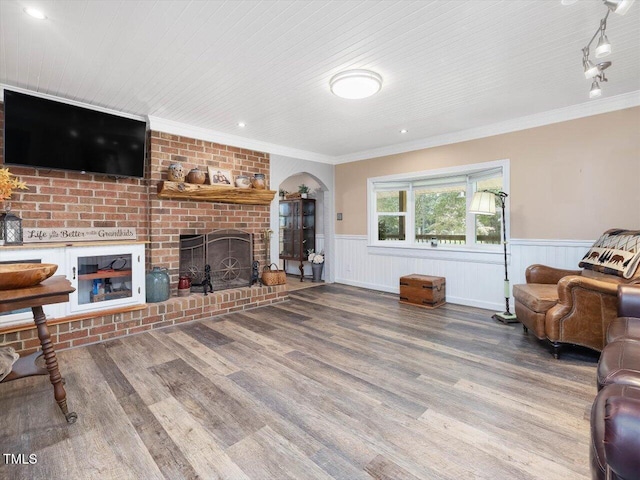 358 Benjie Williams Rd, Staley, NC 27355 - living room with a fireplace, crown molding, a wainscoted wall, and wood finished floors
