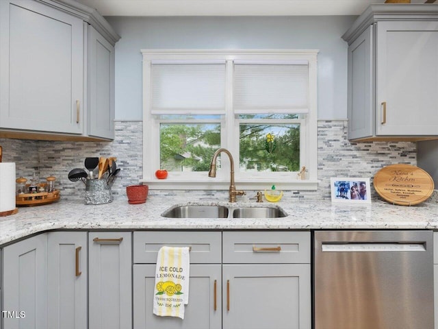 358 Benjie Williams Rd, Staley, NC 27355 - kitchen featuring stainless steel dishwasher, gray cabinetry, decorative backsplash, and light stone countertops