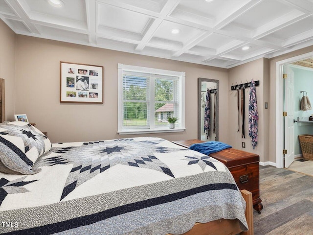 358 Benjie Williams Rd, Staley, NC 27355 - bedroom with wood finished floors, coffered ceiling, recessed lighting, and beam ceiling