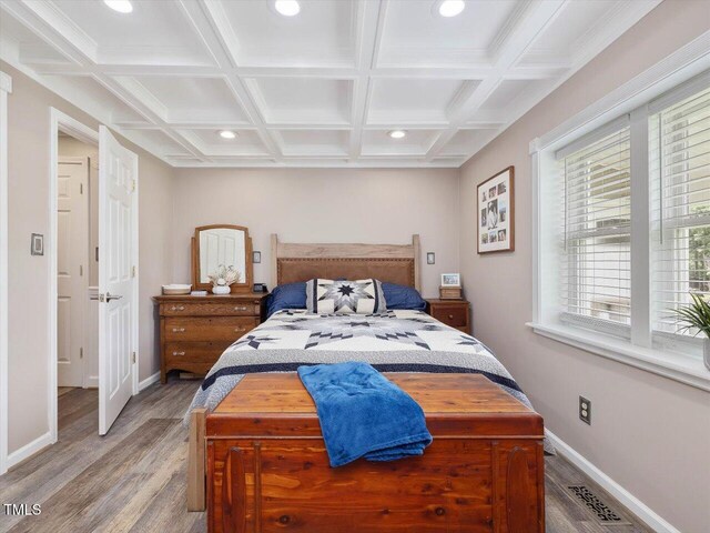 358 Benjie Williams Rd, Staley, NC 27355 - bedroom with recessed lighting, light wood-style flooring, coffered ceiling, and beamed ceiling