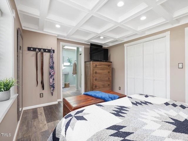 358 Benjie Williams Rd, Staley, NC 27355 - bedroom with wood finished floors, recessed lighting, coffered ceiling, a closet, and beam ceiling
