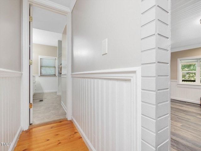 358 Benjie Williams Rd, Staley, NC 27355 - hallway with a wainscoted wall, light wood-style flooring, and ornamental molding