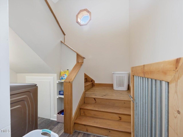 358 Benjie Williams Rd, Staley, NC 27355 - stairs featuring wood finished floors and washer and clothes dryer
