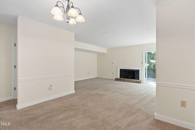 15 Willow Bridge Dr, Durham, NC 27707 - unfurnished living room featuring carpet floors, a chandelier, and a brick fireplace