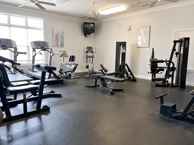 2520 Friedland Pl Unit 200, Raleigh, NC 27617 - exercise room featuring ceiling fan and crown molding