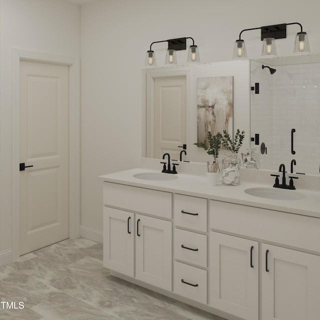 121 N Harvest Ridge Way Unit 262, Wilsons Mills, NC 27520 - full bath featuring double vanity, a shower stall, and marble look tiles