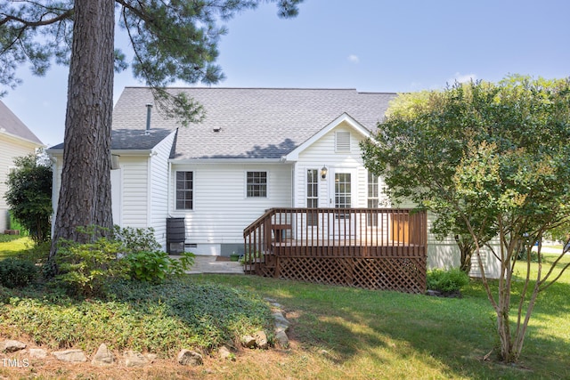 3213 Planet Dr, Raleigh, NC 27604 - back of property featuring a wooden deck, a shingled roof, a lawn, and crawl space