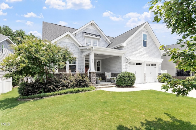 630 Heartland Flyer Dr, Knightdale, NC 27545 - craftsman-style house with an attached garage, roof with shingles, a front yard, driveway, and a porch