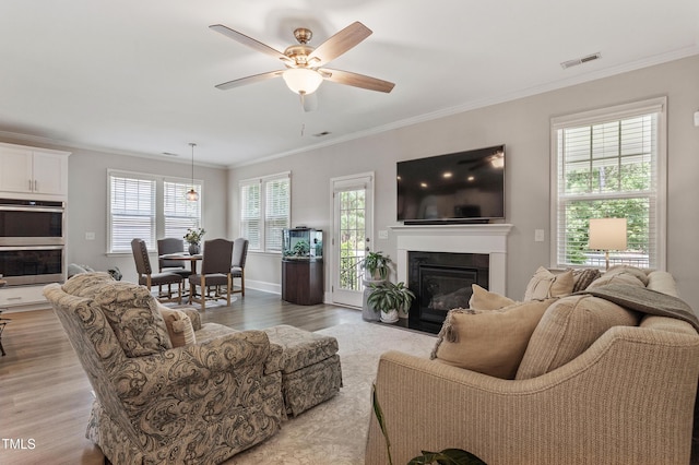 630 Heartland Flyer Dr, Knightdale, NC 27545 - living area with light wood-style floors, a ceiling fan, healthy amount of natural light, a fireplace with flush hearth, and crown molding