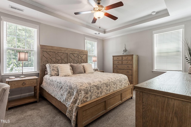 630 Heartland Flyer Dr, Knightdale, NC 27545 - bedroom with light colored carpet, a raised ceiling, crown molding, and a ceiling fan