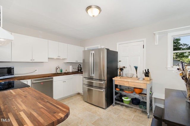 1701 Ruffin St, Durham, NC 27701 - kitchen with wooden counters, stainless steel appliances, and white cabinetry