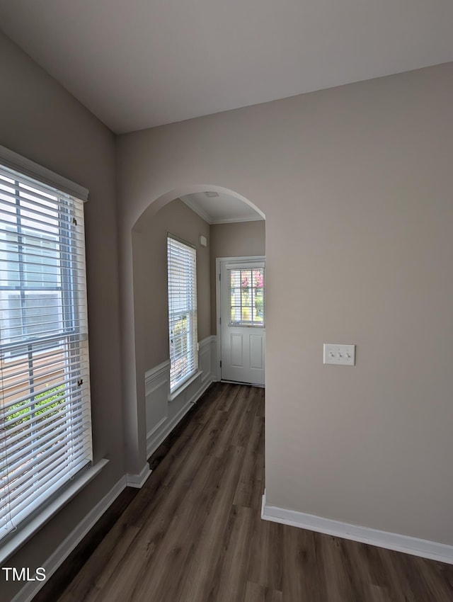 4221 Del Webb Ave, Cary, NC 27519 - spare room with arched walkways, dark wood-style flooring, ornamental molding, and wainscoting