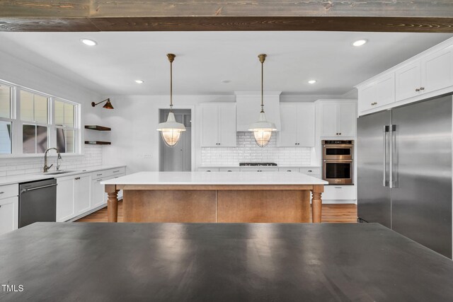 6928 Will Let Ln, Wake Forest, NC 27587 - kitchen with appliances with stainless steel finishes, decorative backsplash, open shelves, wood finished floors, and recessed lighting