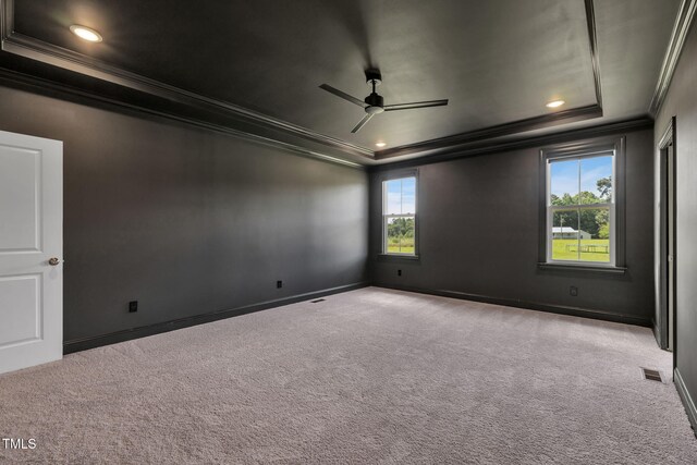 6928 Will Let Ln, Wake Forest, NC 27587 - spare room featuring crown molding, a tray ceiling, ceiling fan, carpet flooring, and recessed lighting