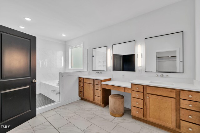 6928 Will Let Ln, Wake Forest, NC 27587 - bathroom featuring vanity, marble finish floors, recessed lighting, and walk in shower