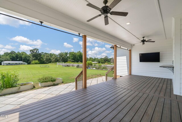 6928 Will Let Ln, Wake Forest, NC 27587 - wooden terrace with ceiling fan, a yard, view of wooded area, and a patio