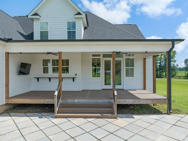 6928 Will Let Ln, Wake Forest, NC 27587 - back of property with ceiling fan, a shingled roof, a patio, and a yard