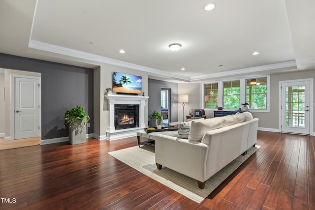 5116 Trembath Ln, Cary, NC 27519 - living room with a tray ceiling, dark wood-style flooring, ornamental molding, a glass covered fireplace, and recessed lighting