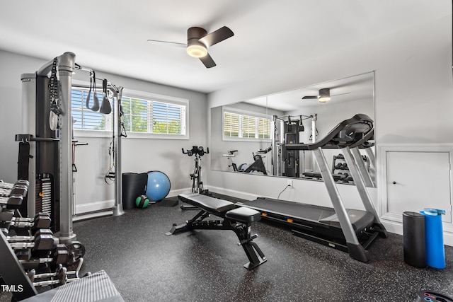5116 Trembath Ln, Cary, NC 27519 - workout room with a ceiling fan and baseboards