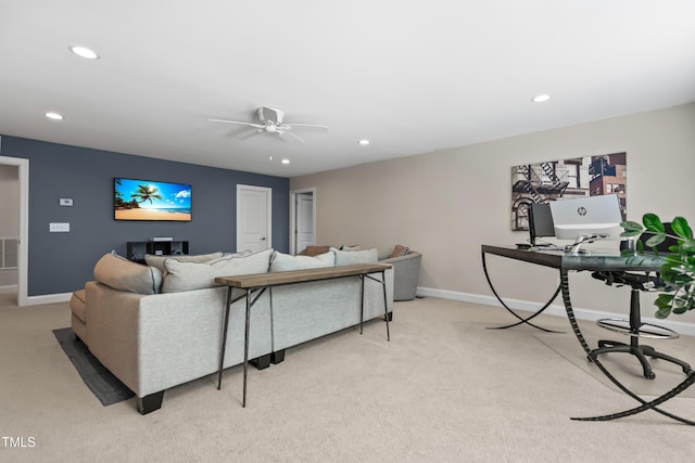 5116 Trembath Ln, Cary, NC 27519 - living room with light colored carpet, a ceiling fan, recessed lighting, and an office area