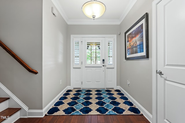 5116 Trembath Ln, Cary, NC 27519 - foyer with crown molding, stairs, and wood finished floors
